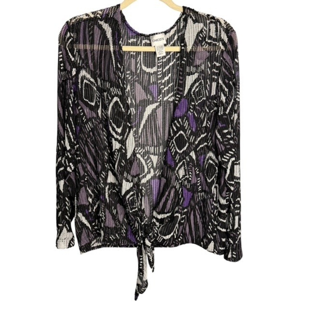 Chico's Cardigan Women's XL Abstract Tie Front Mesh Purple Black White Chicos 3